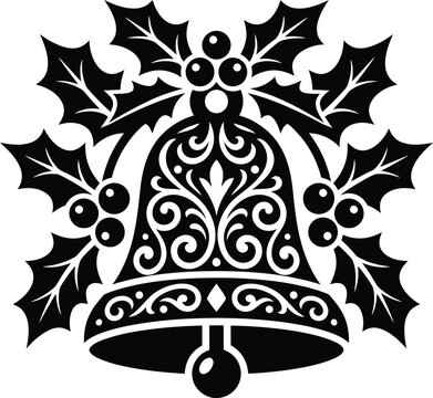 Vintage black ornamental bell with cutwork ornament pattern surrounded by holly berries isolated