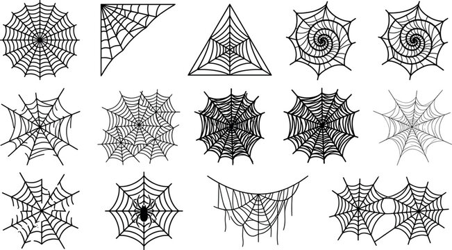Halloween spider web silhouettes collection with various cobweb shapes corner hanging triangle and circular net vector illustration elements
