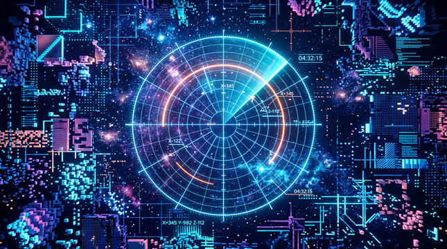 Futuristic HUD radar interface with neon data circles over digital cyber motherboard background