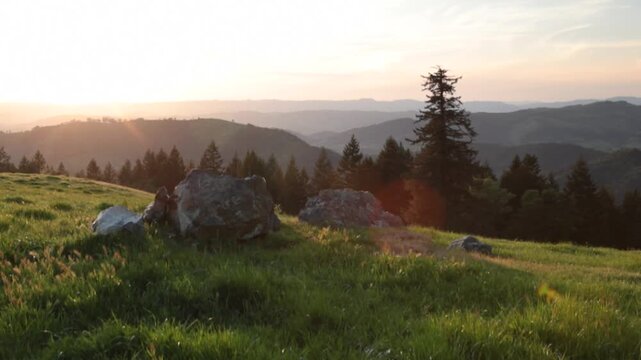 A breathtaking cinematic landscape featuring a lush green grassy meadow with large weather-worn boulders in the foreground, a dense line of dark pine trees along a slope, and rolling mountain ridges f