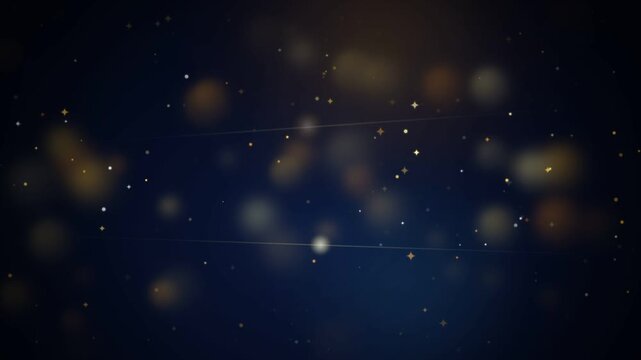 Magical dark blue abstract background featuring shimmering gold stars, soft bokeh lighting particles, and subtle glowing lens flares creating an elegant festive holiday atmosphere for motion.