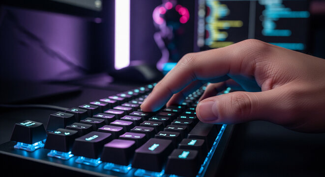 Close-up of a hand typing on a backlit mechanical keyboard in a dark gaming or coding environment