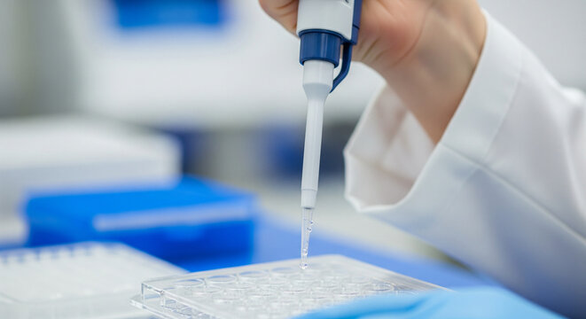 Scientist using micro pipette to dispense liquid into a multiwell plate in a laboratory