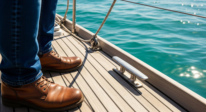 Close up of a person standing on the teak deck of a luxury sailboat in turquoise waters