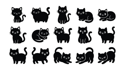 Obraz premium Black cats in various poses and expressions on white background
