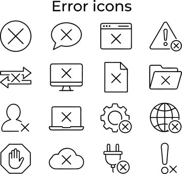 Vector error line icon set featuring cancel cross marks website bugs warning signs alert notices and digital failure symbols