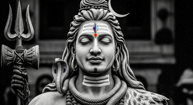 Majestic Lord Shiva statue meditating with trishula and cobra in black and white cinematic style