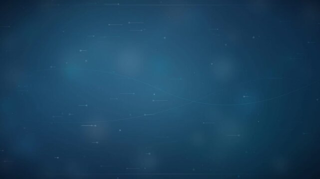 Abstract digital technology background featuring flowing glowing particles and light lines moving across a dark blue gradient space creating a modern corporate and scientific motion mood.