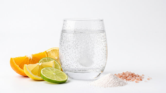 A glass of carbonated water with citrus slices and mineral salt on a white background with fruit slices pile glass fizzy pile pink effervescent electrolyte with refreshment