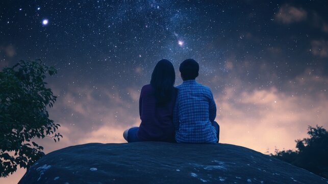 Couple lovers sitting outdoor watching night  sky stars