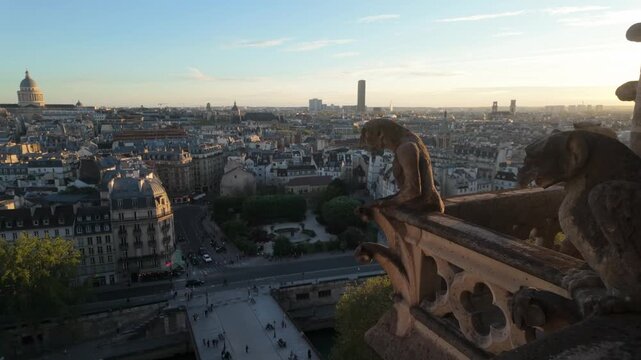 Gargoyle statues sitting over the city of Paris in the evening.