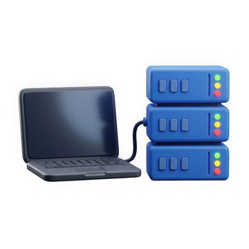 Black laptop computer connected to a blue data server tower icon isolated on transparent background