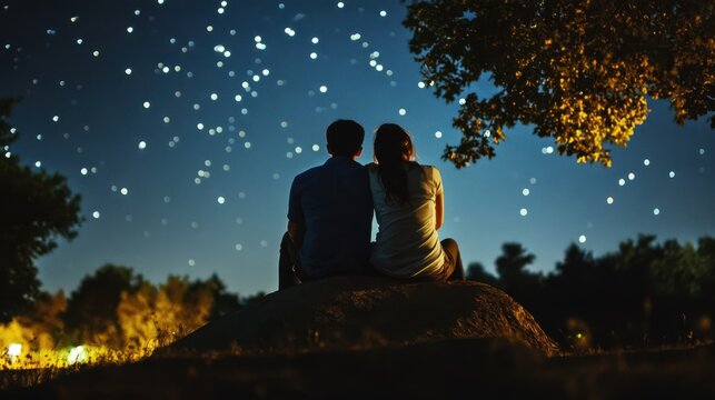 Couple lovers sitting outdoor watching night  sky stars