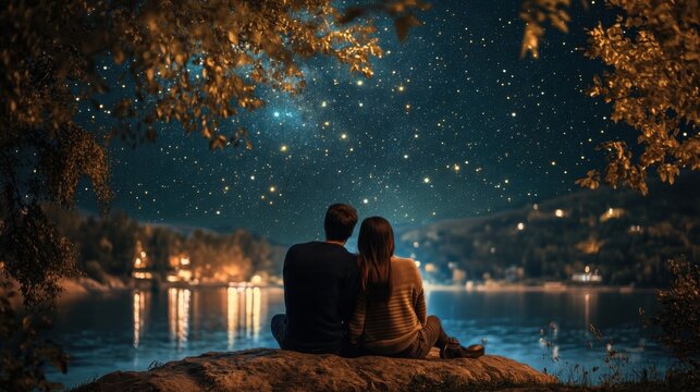 Couple lovers sitting outdoor watching night  sky stars