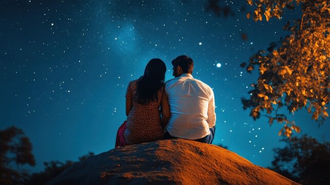 indian couple lovers sitting on a rock in a park watching stars at night, shot from behind them --ar 16:9 --stylize 50 --v 6.1 Job ID: e7f2f6d5-df68-412a-a46b-a77d87fc8ce5