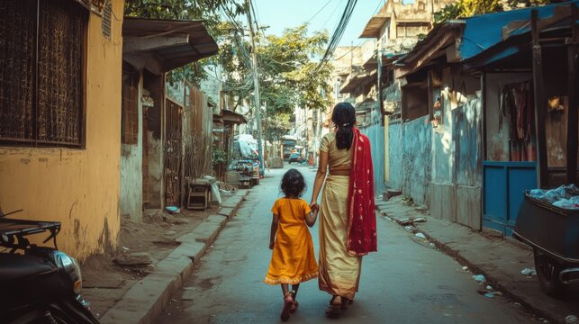Mother and daughter walking street