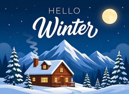 Hello winter vector graphic with cozy cabin and snowy mountain landscape