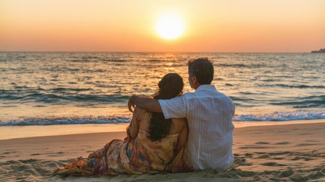 Lovers couple sitting on a beach looking sunset
