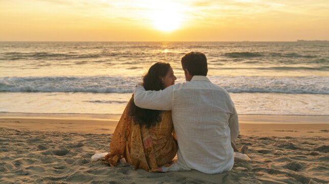 Lovers couple sitting on a beach looking sunset