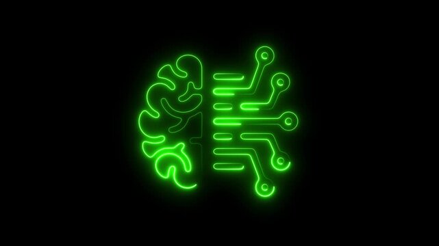 Neon green artificial intelligence brain with digital circuitry animation for tech concepts