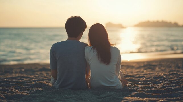 Lovers couple sitting on a beach looking sunset