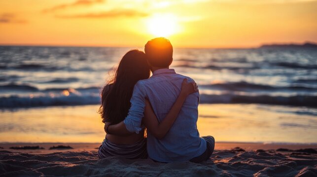 Lovers couple sitting on a beach looking sunset
