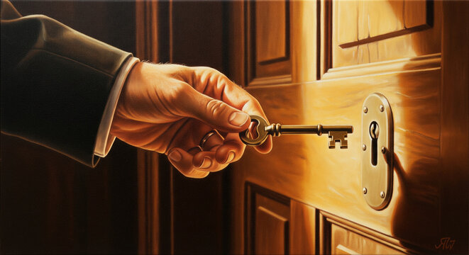 Oil painting of a hand in a formal suit sleeve inserting a vintage skeleton key into a wooden door keyhole