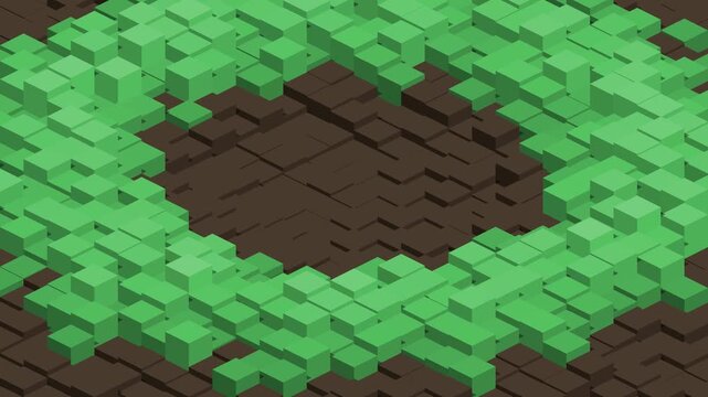 Isometric Voxel Art Animation of Green Grass and Brown Dirt Cubes in a Circular Ring