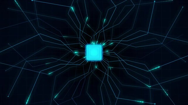 Glowing Blue Central Processor Chip with Connecting Neural Network Lines
