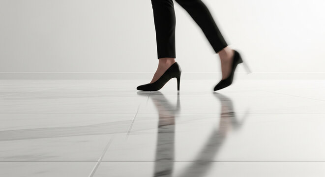 Close up of professional woman in black high heels walking on a polished white marble floor