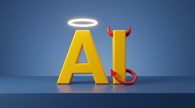 AI letters with glowing halo and devil horns representing artificial intelligence ethics