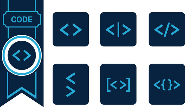 Code programming icon set featuring source code brackets developer symbols software script web development app interface and coding technology symbols for websites mobile apps ui kits web web