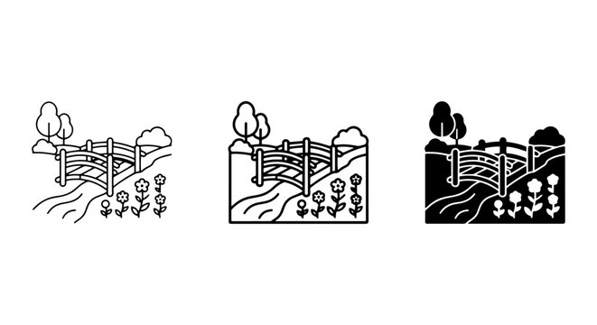 Rustic Farm Fence Icons, Rural Landscape Elements, Countryside Scene Graphics