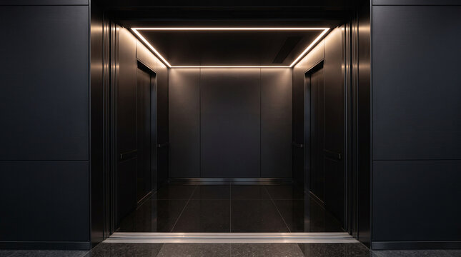 Modern empty elevator interior with matte black walls and minimalist square ceiling lighting design with light fixture ceiling sophisticated architecture contemporary