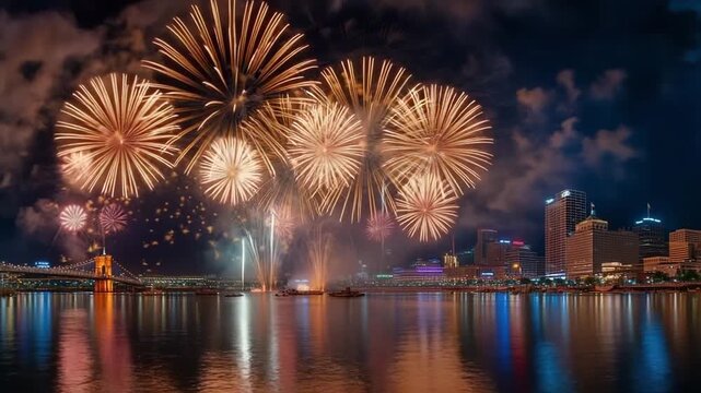 Bright fireworks explode in vibrant colors above a city skyline at night. The reflections on the water create a stunning visual display during a festive celebration.