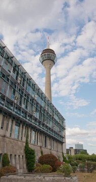 Rheinturm TV tower Dusseldorf Germany cityscape features the iconic skyline landmark and modern urban scenery of a popular German destination for European travel. 