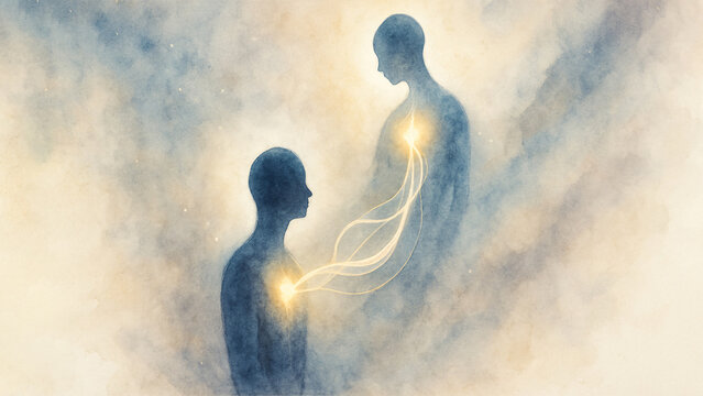 Two Ethereal Soul Connected By Golden Divine Energy Symbolizing Spiritual Connection Between Physical And Higher Self