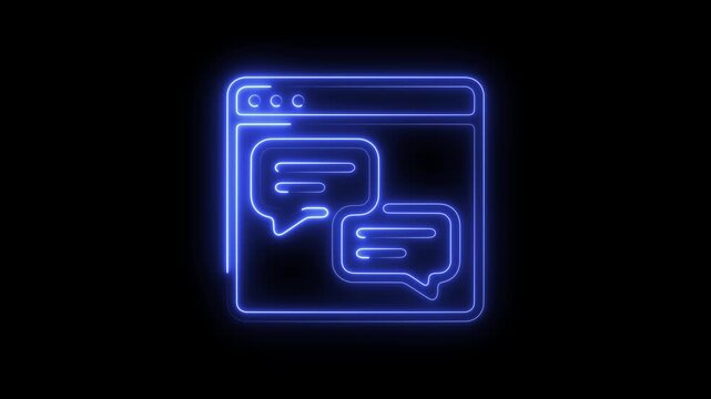 Neon blue browser window with chat bubbles animation for digital communication and messaging glowing