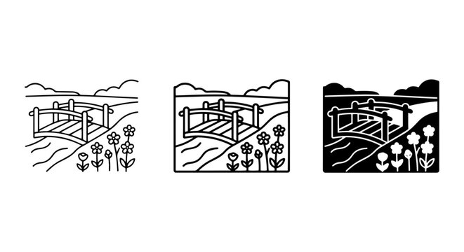 Wooden Bridge Landscape Icon Set, Nature Scene Vector Graphics, Rural Pathway Art