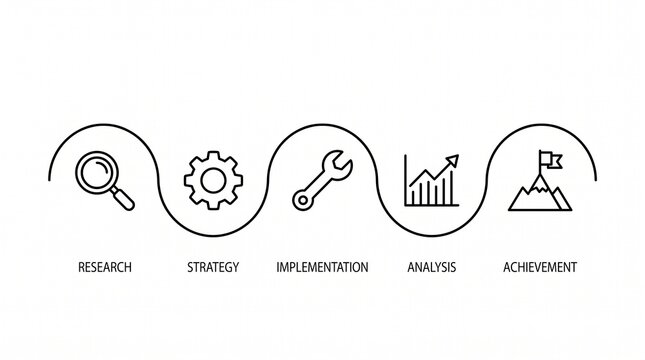 Curved timeline process infographic highlights five operational phases from research to achievement on a white background.