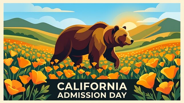 California grizzly bear surrounded by golden poppies, minimal California Admission Day text