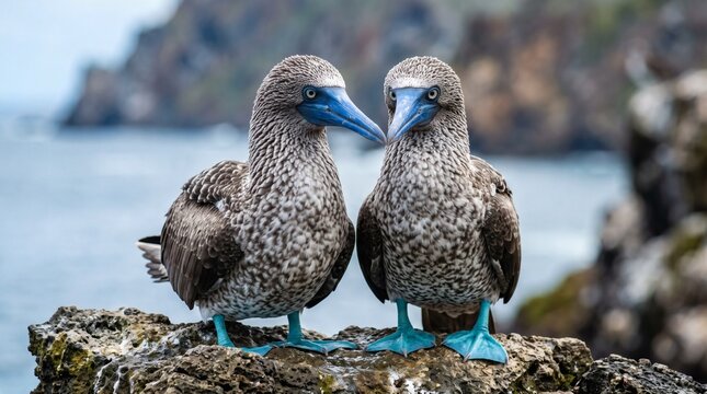 Two Blue Footed Boobies Standing Together on Rocky Shoreline.