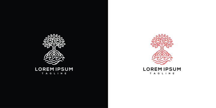 Abstract Tree with Brain Roots Monoline Logo Design for Growth Mind and Nature Concepts