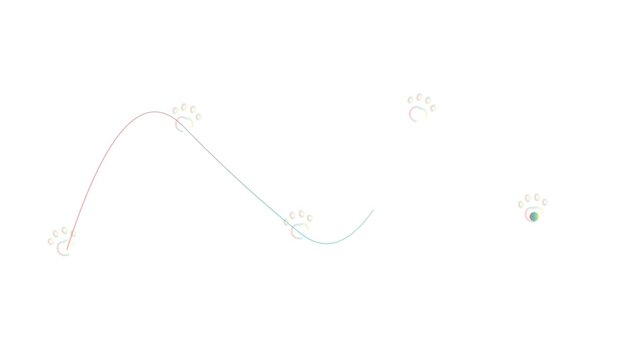 Minimalist animated animal paw prints walking along dotted trails