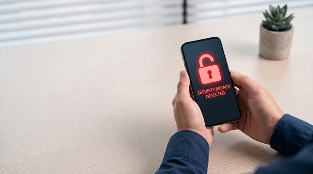 Man holding a smartphone with red security breach detected warning 