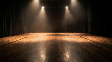 Obraz premium Empty wooden stage with dramatic theatrical spotlight and dark curtains