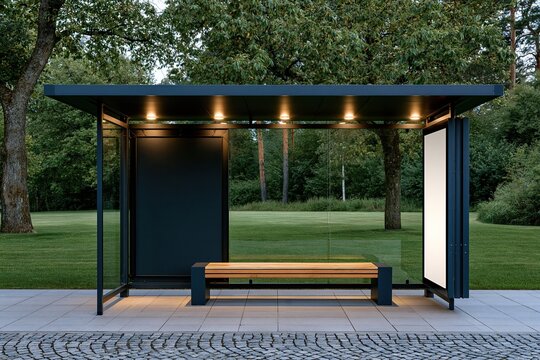 Modern minimalist public bus stop shelter with black metal frame glass walls wooden bench and built in overhead warm lighting set in green park area