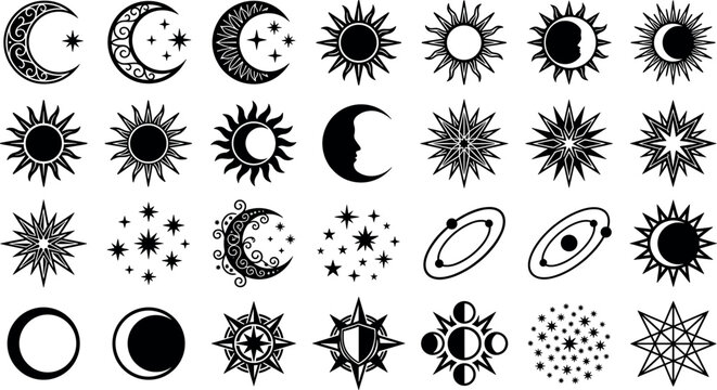 Mystic sun moon and stars celestial icons vector set collection with occult astrology silhouette design elements