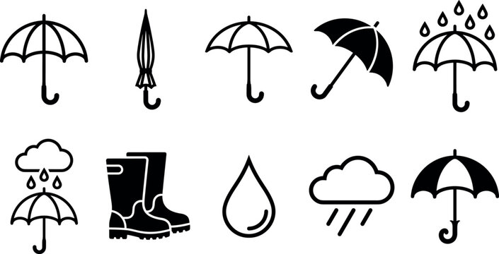 Rainy autumn weather icons vector set collection with umbrella rain boots cloud raindrop linear silhouette elements