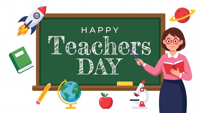 Happy Teachers Day illustration with female teacher and chalkboard